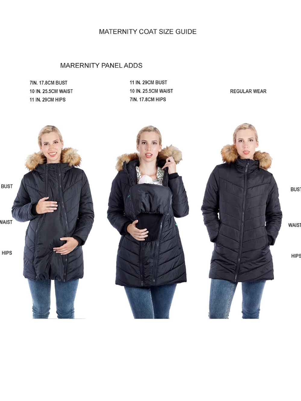 Modern Eternity Maternity Puffer Coat with Faux Fur Hood - Black